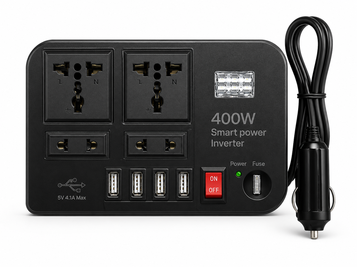 محول طاقة ذكي للسيارة 400 واط - منافذ USB متعددة ومقابس AC