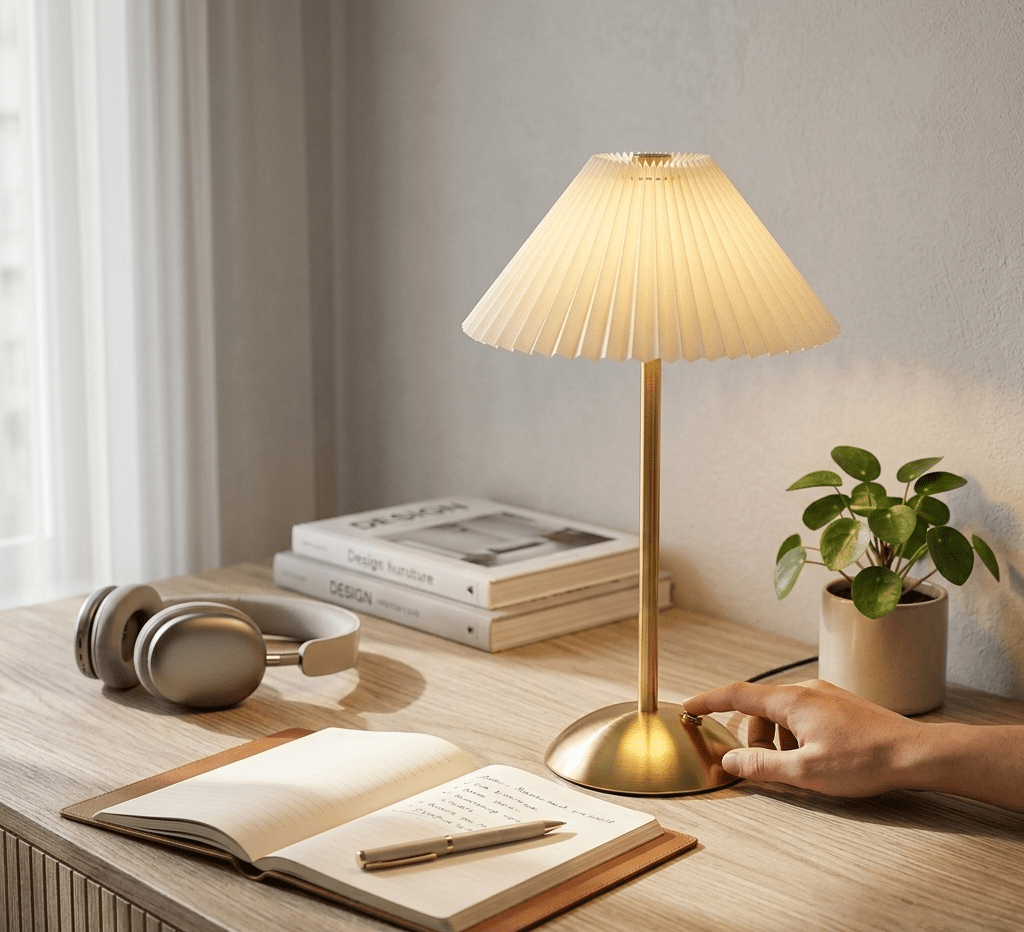 مصباح مكتبي LED بتصميم مطوي أنيق – قاعدة ذهبية فاخرة