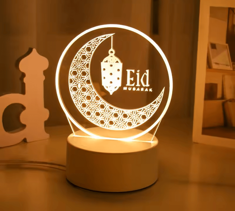 مصباح عيد مبارك ثلاثي الأبعاد – إضاءة ديكورية احتفالية بتصميم الهلال والفانوس