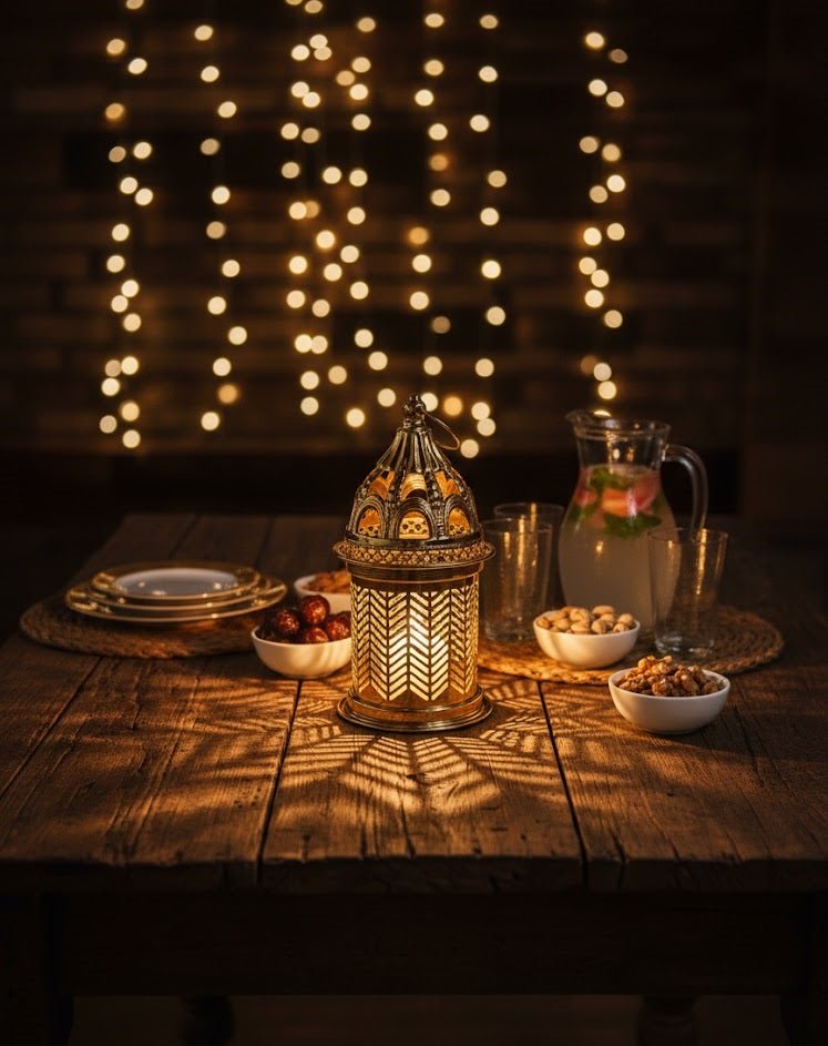 فانوس ذهبي فاخر معلق بتصميم عربي أصيل – زينة رمضان والعيد