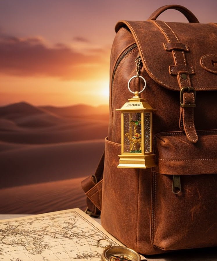 فانوس دبي التذكاري بتصميم الجمل ونخلة مع لمعة جليترية ذهبية