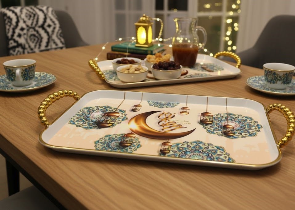 صينية تقديم رمضان كريم الفاخرة – زينة رمضانية بتصميم هلال وفوانيس