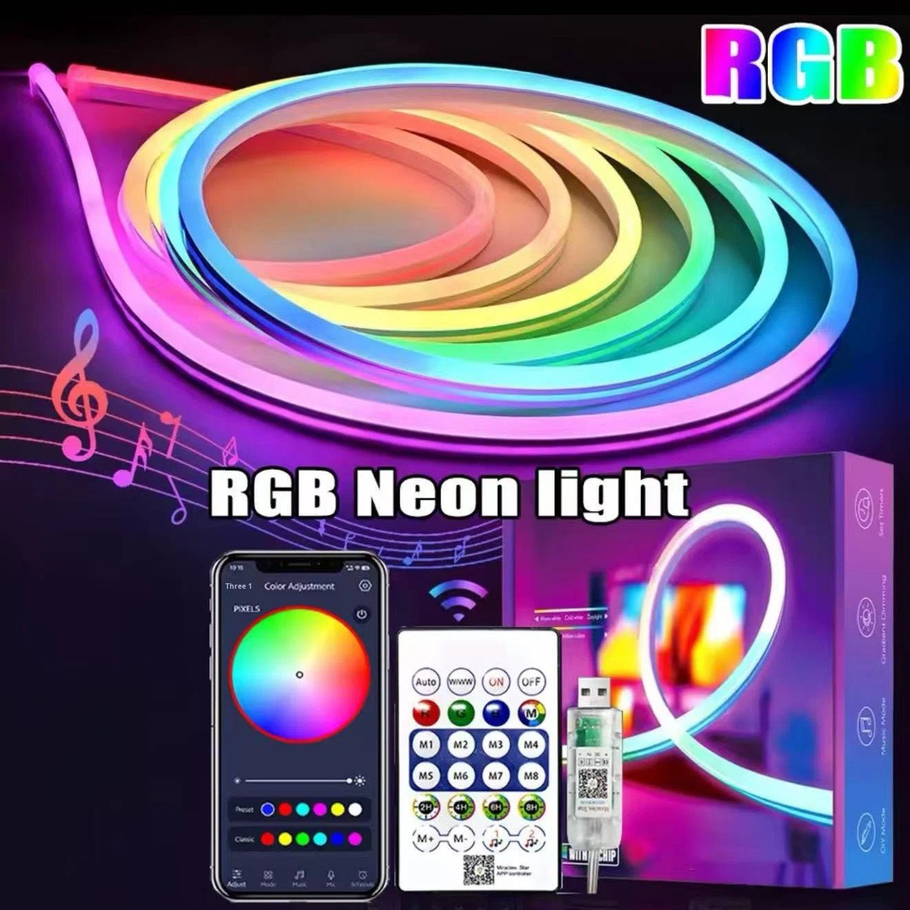 شريط نيون LED ذكي RGB بطول 5 متر مع تحكم بالتطبيق