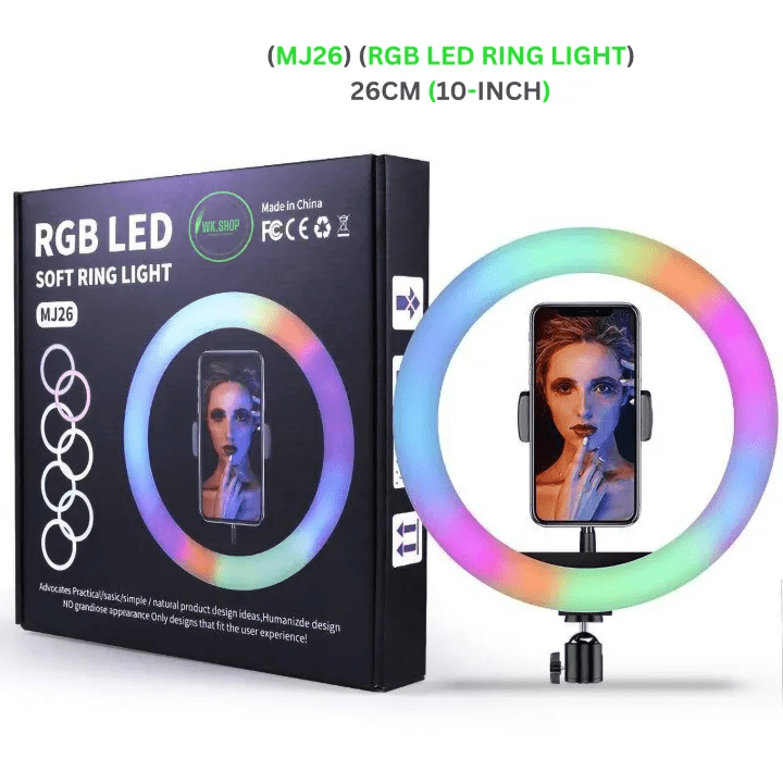 إضاءة حلقية RGB LED ناعمة 10 بوصة مع حامل جوال ودوران 360 درجة