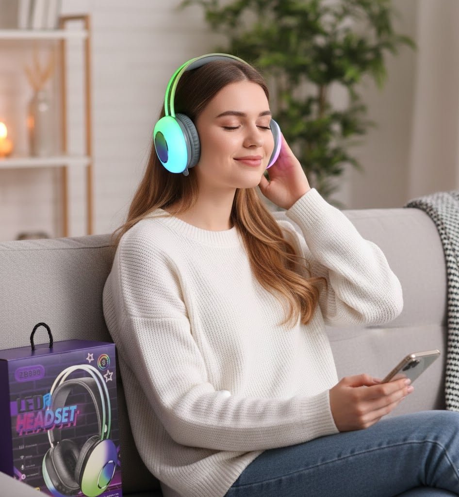 سماعة رأس لاسلكية LED بإضاءة RGB وميكروفون مدمج