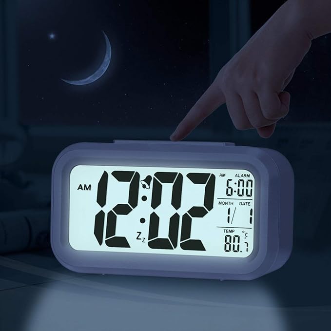 ساعة منبه رقمية LCD كبيرة مع عرض التاريخ ودرجة الحرارة