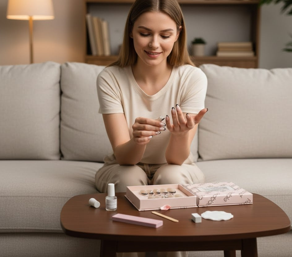 أظافر Febble لاصقة لون نيود بطرف فرنسي أسود وزينة لامعة