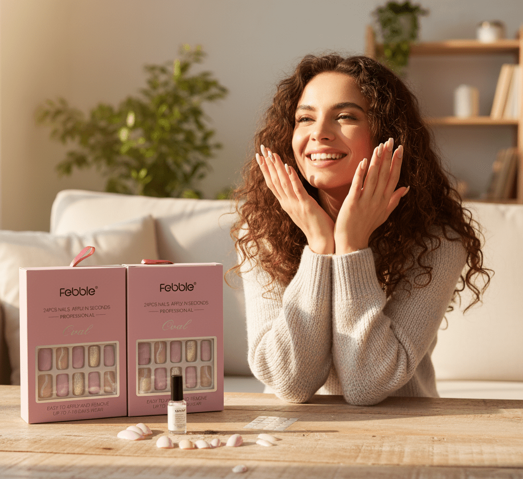 أظافر Febble اللاصقة لافندر ونيود بلمعة فضية - 24 قطعة