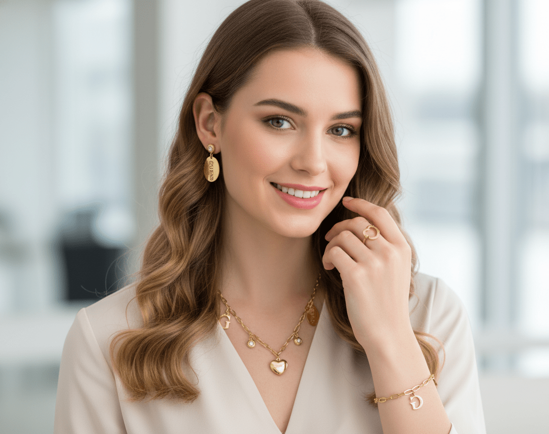طقم مجوهرات Guess بتصميم القلب – عقد وسوار وخاتم وأقراط