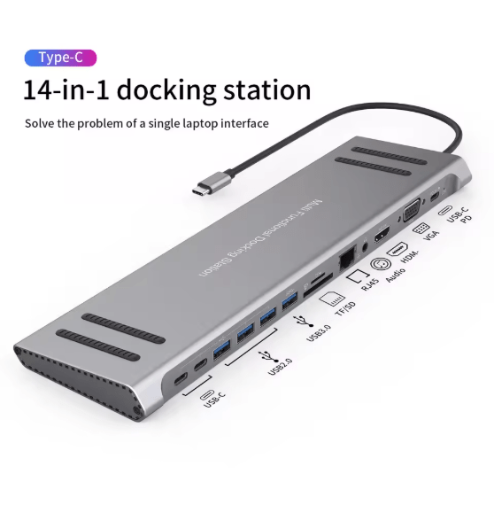 محطة توصيل USB-C 14 في 1 للابتوب مع HDMI وVGA وLAN