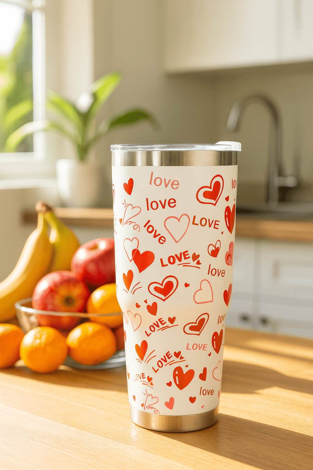كوب حراري للسفر من الستانلس ستيل بتصميم قلوب Love