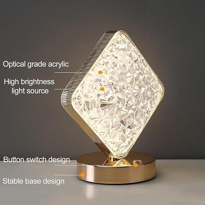 مصباح طاولة LED كريستال بتصميم ماسي وقاعدة ذهبية
