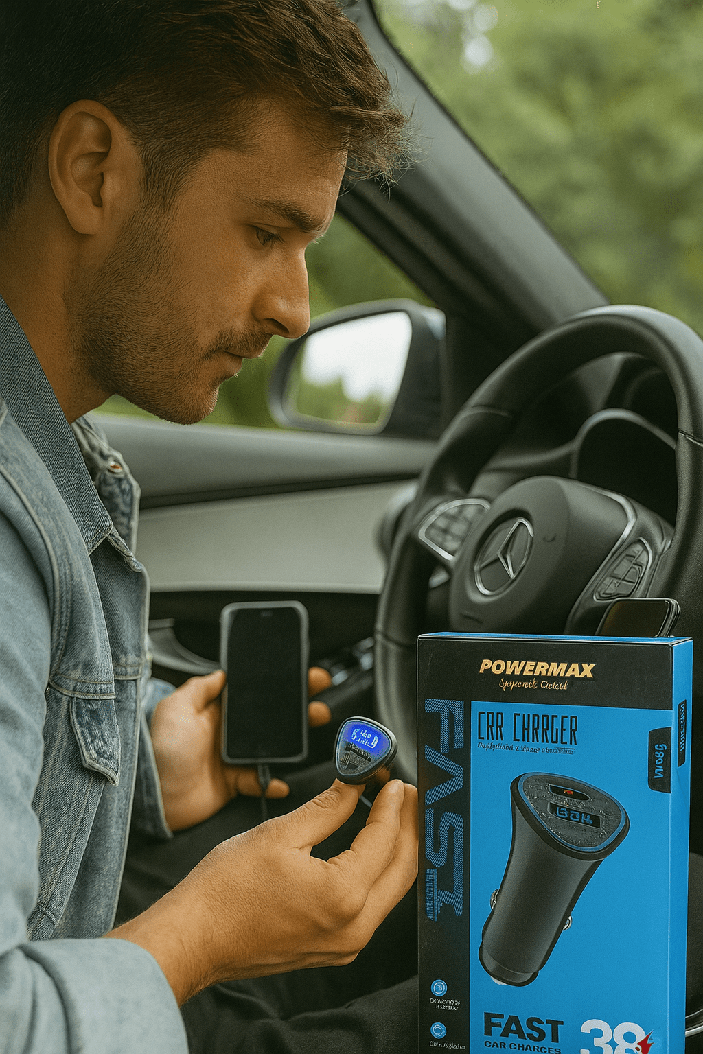 شاحن سيارة باورماكس مزدوج USB-A وUSB-C بتصميم مدمج