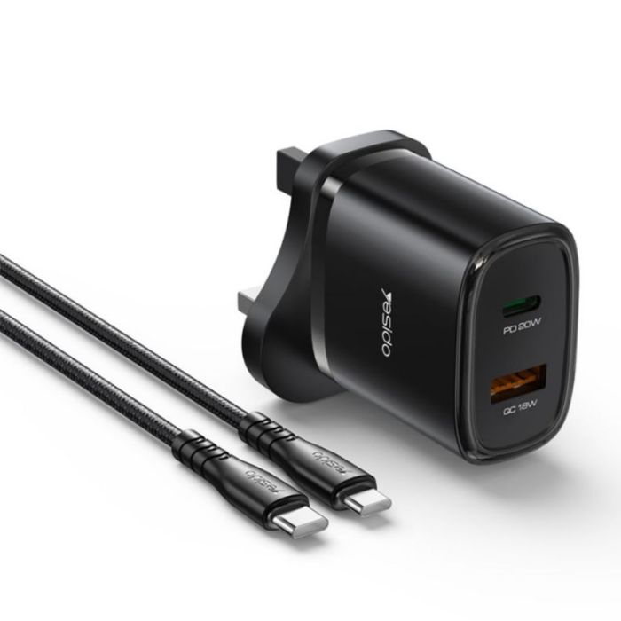 شاحن منزلي سريع 20 واط بمنفذي USB-C وUSB-A مع كيبل Type-C