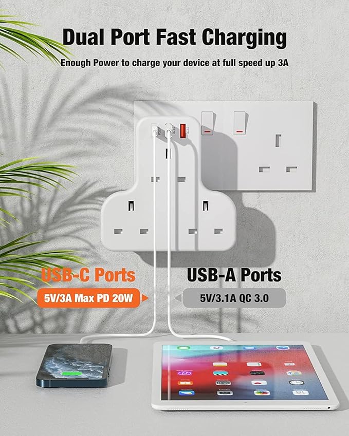 مشترك كهرباء جداري 3 مخارج مع USB-C وUSB شحن سريع