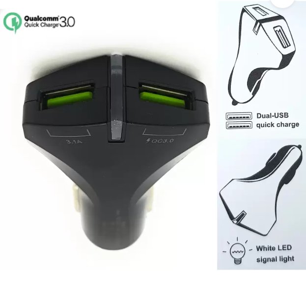 شاحن سيارة سريع بمنفذي USB للهواتف والأجهزة المتوافقة