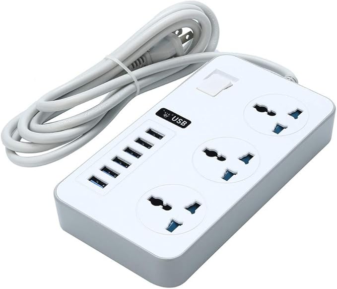 مشترك كهرباء 3 مقابس مع 6 منافذ USB ومفتاح تشغيل أبيض