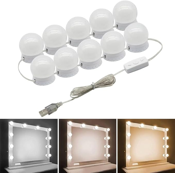 إضاءة مرآة الزينة LED هوليوود - 10 مصابيح لإضاءة متساوية وتطبيق مكياج احترافي