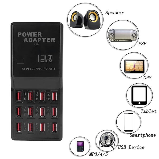 شاحن USB بـ12 منفذ لشحن أجهزة متعددة بجهد 5 فولت