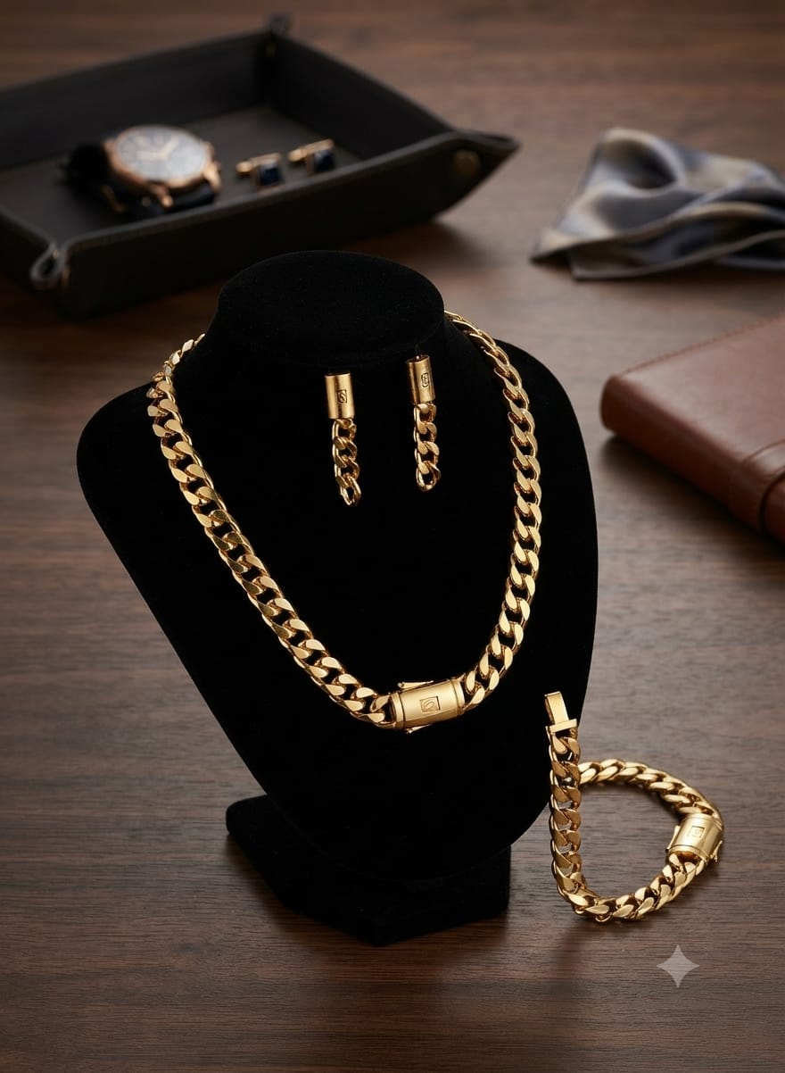 طقم مجوهرات رجالي بتصميم ك Cuban Link ذهبي