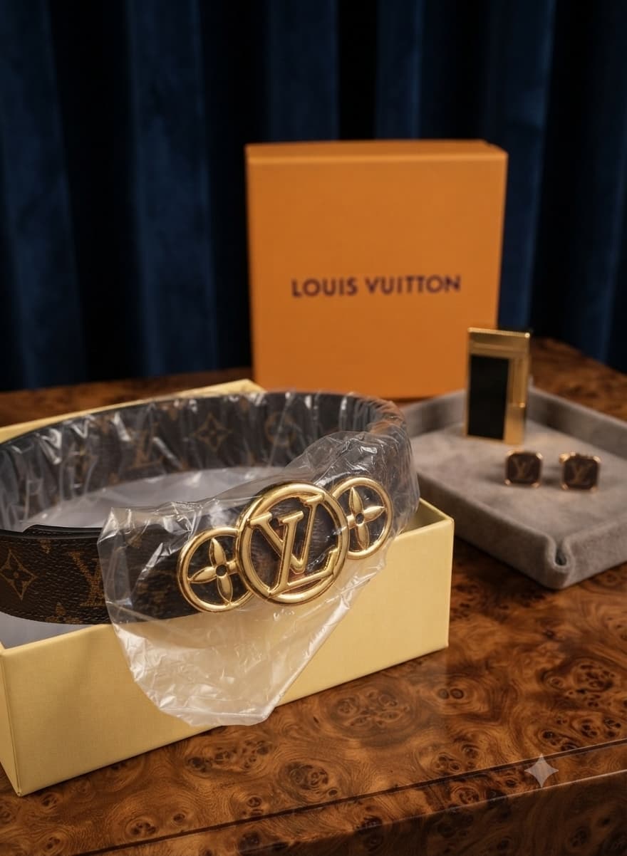 حزام مونوغرام بني بإبزيم ذهبي بتصميم LV