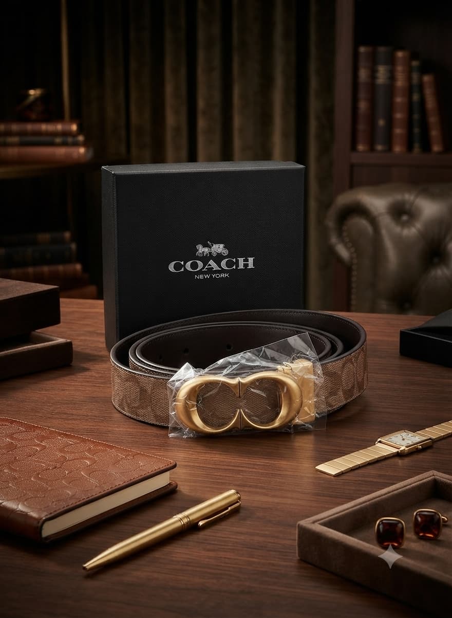حزام رجالي قابل للعكس بتصميم Coach وشعار C الذهبي
